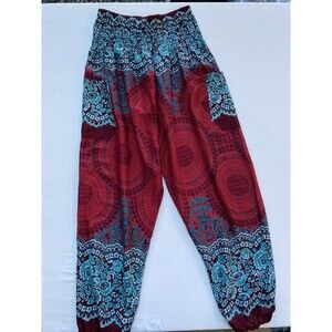 Happy Trunks Elephant Boho Harem Pants Burgundy Teal Floral Mandala Size M